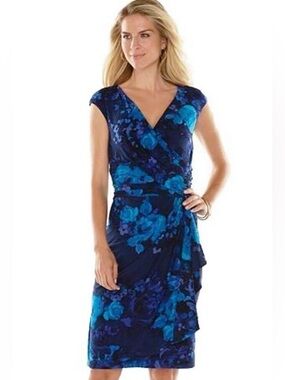 Chaps Ralph Lauren Women’s Blue Floral Wrap Sheath Cocktail Dress Plus Size 20 W
